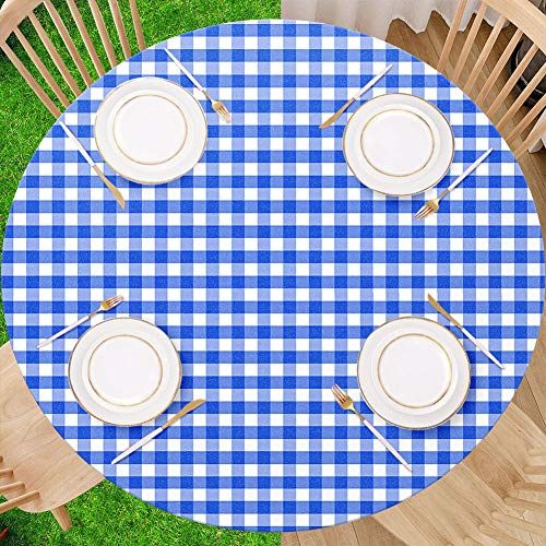 OEAK Runde Tischdecke Tischtuch Tischwäsche Karierte Quaste aus PVC Flanell Natürlicher Stil für Buffettisch, Party, Urlaub, Abendessen(Blau Weiß，90~110cm) von OEAK