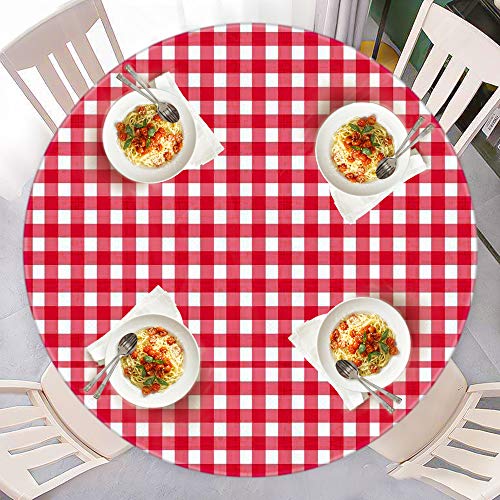 OEAK Runde Tischdecke Tischtuch Tischwäsche Karierte Quaste aus PVC Flanell Natürlicher Stil für Buffettisch, Party, Urlaub, Abendessen(Rot Weiß，110~140cm) von OEAK
