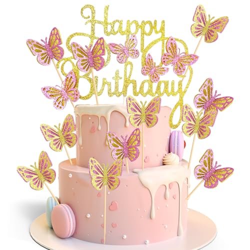 OEEYYT 13 Stück Schmetterlinge Happy Birthday Tortendeko Gold Rosa Schmetterling Cake Topper Geburtstag für Schmetterling Thema Kuchen Cupcake Topper OEEYYT 13 Stück Schmetterlinge Happy Birthday Tortendeko Gold Rosa Schmetterling Cake Topper Geburtstag für Schmetterling Thema Kuchen Cupcake Topper von OEEYYT