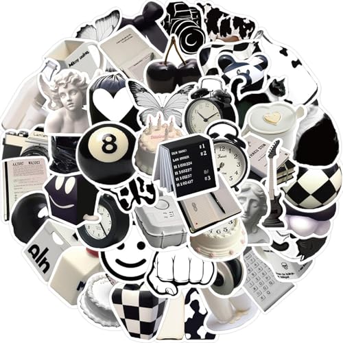 OEEYYT 50 Stück Sticker Aesthetic Laptop Scrapbook Stickers Set Schwarz und Weiß Aufkleber Wasserfest Diy Basteln Deko für Jugendliche Erwachsener (Schwarz und weiß 50 Stück) von OEEYYT