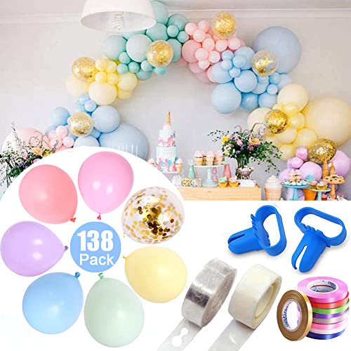 OEMG Luftballon Girlande Pastellfarben 138 Stück, 50x5"Ballons, 25x10"Ballons, 25x12"Ballons, 8x12" Gold Konfetti Ballons, mit 5M Ballonbogen, 2 Ballonbindungswerkzeuge,100 Kleberpunkt und 10M Band von OEMG