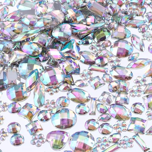 OEMOO 500 Stück Näh-Edelsteine, Acryl, gemischte Formen, zum Aufnähen von Strasssteinen mit Nählöchern, für Bastelarbeiten, Kleider, Kleidung, Schuhe, Taschen, Dekorationen (Crystal AB) von OEMOO