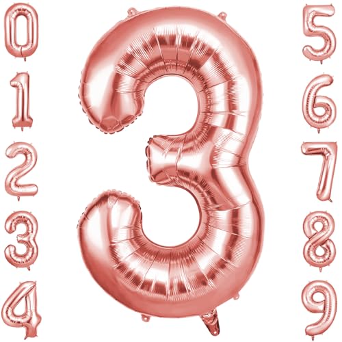 OFFCUP Geburtstag Zahlen Luftballon Roségold, Geburtstagsdeko Ballons Zahl 3, Riesige Folienballon in 40" Helium Ballons für Männer Frauen Geburtstagsparty Deko, Jubiläum 3 Jahre Deko von OFFCUP