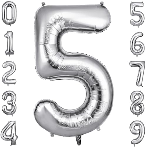 OFFCUP Geburtstag Zahlen Luftballon Silber, Geburtstagsdeko Ballons Zahl 5, Riesige Folienballon in 40" Helium Ballons für Männer Frauen Geburtstagsparty Deko, Jubiläum 5 Jahre Deko OFFCUP Geburtstag Zahlen Luftballon Silber, Geburtstagsdeko Ballons Zahl 5, Riesige Folienballon in 40" Helium Ballons für Männer Frauen Geburtstagsparty Deko, Jubiläum 5 Jahre Deko von OFFCUP