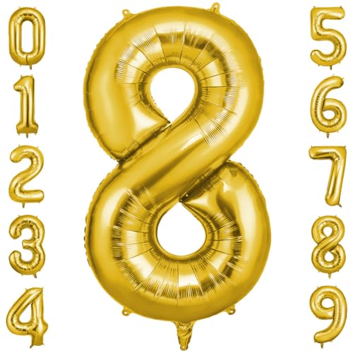 OFFCUP Gold Luftballon 8, Folienballon Zahl 8, 40 Zoll 8. Geburtstag Helium Ballons Zahlen 8 Luftballon Gold Zahlenballon Gold Ballon 8 Geburtstagsdeko von OFFCUP