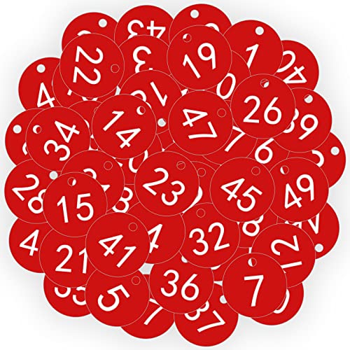 OFFCUP Gravierte Nummernschilder, 50 Stück Nummerierte Tags, Kunststoff Nummernschilder, Schlüsselanhänger Bienenstock-Etiketten mit Loch Viehbestand ID-Tags (Rot Nummer 1-50) von OFFCUP