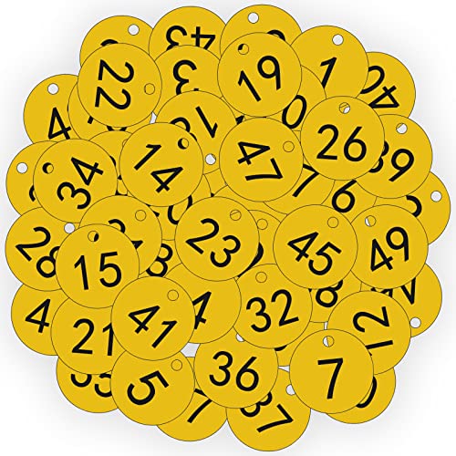 OFFCUP Gravierte Nummernschilder, 50 Stück Nummerierte Tags, Kunststoff Nummernschilder, Schlüsselanhänger Bienenstock-Etiketten mit Loch Viehbestand ID-Tags (gelbe Nummer 1-50) von OFFCUP