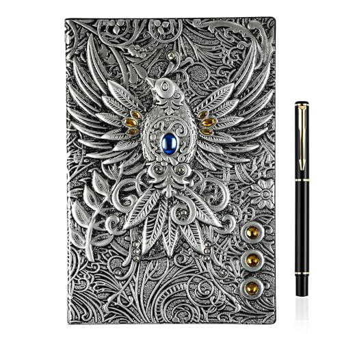 OFFCUP Hardcover Notizbuch A5, 3D Vogel Vintage Notizbuch,Geprägtes Ledertagebuch Vintage Tagebuch mit Stift, Geprägt Reise Tagebuch Handgefertigtes Buch Reisenotizbu（Silber） von OFFCUP