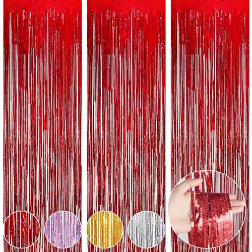 OFFCUP Lametta Vorhang, 3pcs Metallische Glitzervorhang Fringe, Tinsel Folie Vorhang Lametta Vorhänge Glitzer Vorhang Folie Hintergrund Folien Fransen Vorhänge für Geburtstag Party, Hochzeit (Rot) von OFFCUP