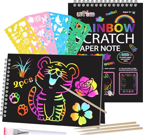 OFFCUP Magic Scratch Book, 2 Stück Kratzbilder Kinder, 4 Holzstifte,4 Malschablonen, 1 Bürste, Kratz Buch, Regenbogen Magie Kratz Zeichenpapier, Scratch Art Notebook(15 * 20.5CM) von OFFCUP