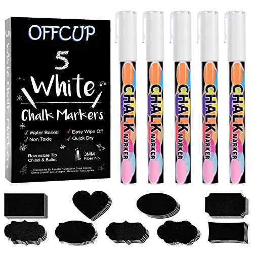 OFFCUP Whiteboard Marker Weiß, 5 Stück Weiße Kreidestifte, 3mm Glasstift für Tafel, mit 58 Aufklebern, Tafelstifte, Fensterstifte Feucht Abwischbare, Für Klassenzimmer, Wohnungen, Besprechungsräume von OFFCUP