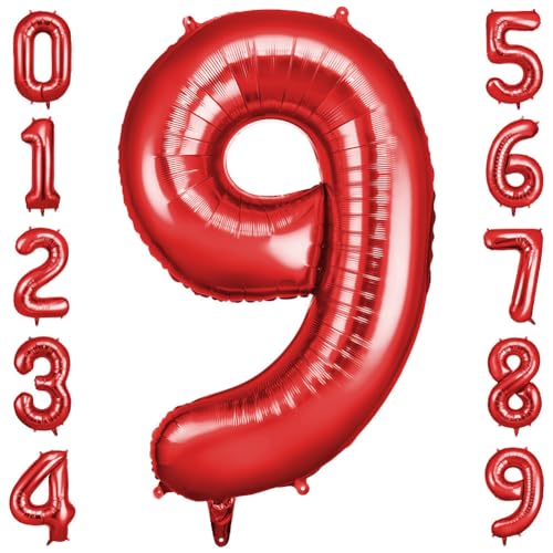 OFFCUP Zahlen Luftballon Rot, Folienballon Zahl 9, 40 Zoll Helium Ballons Geburtstagsdeko Mädchen Junge Kindergeburtstag Party Deko Ballon Zahl Deko zum Geburtstag Silvester Deko Neujahr Deko von OFFCUP