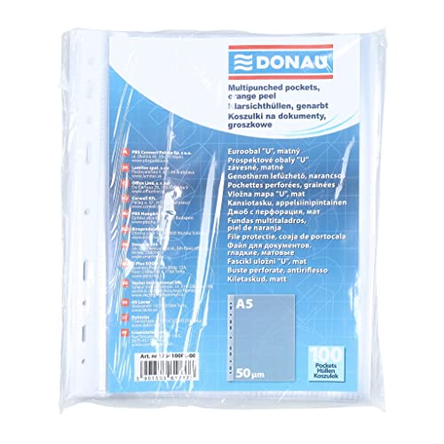 DONAU Prospekthüllen DIN A5 / 100 Stück/ Genarbt Oben Offen Klarsichthüllen Sicht-Hüllen Gelochte Plastikhülle für Dokumente Papiere / Transparent 50 Mikron (1er Pack) von OFFICER PRODUCTS
