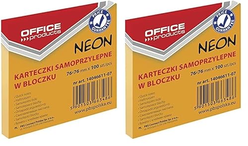 OFFICE PRODUCTS 14046611-07 Haftnotiz 76 x 76 mm, 1 X 100 Blatt, Neon/orangefarbig (Packung mit 2) von OFFICER PRODUCTS