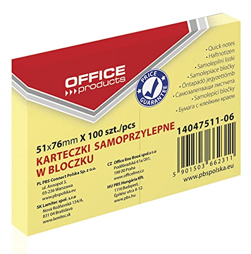 OFFICE PRODUCTS 14047511-06 Haftnotiz 51 x 76 mm, 1 X 100 Blatt, Pastellfarbe/kanariengelb von OFFICER PRODUCTS