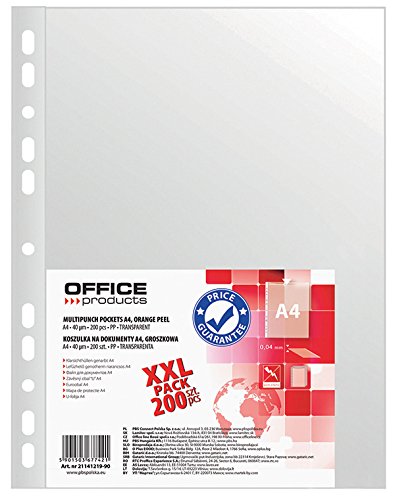 OFFICE PRODUCTS 21141219-90 Klarsichthüllen, PP, A4, Genarbt, 40 mm 200 Stück, transparent von OFFICER PRODUCTS