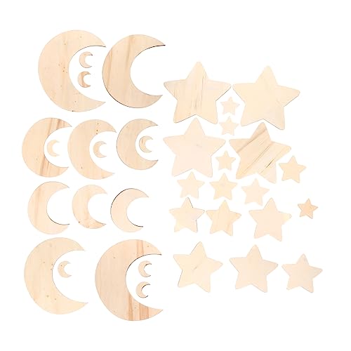 OFFIGAM 36 Stück Sterne und Mondholzstücke Schild himmlisch geformt Halbmond Thema Party unvollendetes Holzhandwerk Holzformen basteln unvollendete Holzverzierungen von OFFIGAM