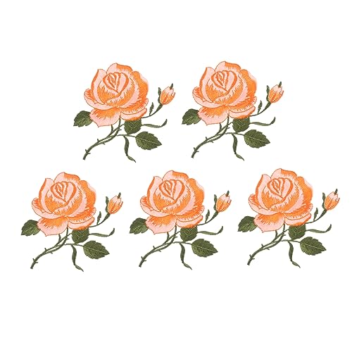 OFFIGAM 5 Stück Rosen Stickerei Patches zum Aufbügeln DIY Kleidung Reparatur Selbstklebende Applikationen für Taschen Hüte Schuhe Socken Orangefarben Dekorative Flicken für Textilien von OFFIGAM
