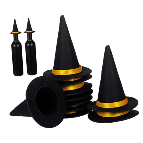 OFFSCH 10 Stück Teiliges Mini Hexenhüte Weinflaschendeko Halloween Party Zubehör Schwarze Hexenhut Tischdekoration für Festliche Weinflaschen und Halloween Feier von OFFSCH