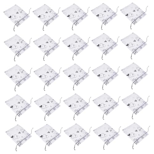 OFFSCH 100 Stück Organza Herz Beutel Transparent Sheer Stoffbeutel mit Zugband Leichte Party Geschenkbeutel für Schmuck Bonbons Hochzeit Shower Weiß Silber von OFFSCH