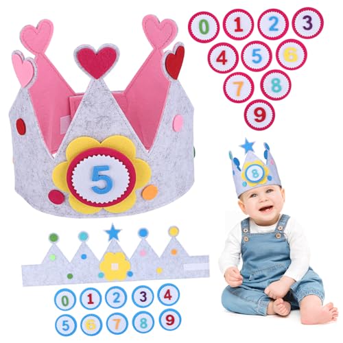 OFFSCH 2 Sätze Geburtstagskrone mit Zahlen Verstellbare Filzkrone in Blau mit Sternen und Herzen Wiederverwendbar Komfortabel für Jungen und Mädchen Geburtstagsfeier von OFFSCH