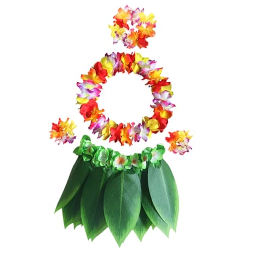 OFFSCH 5 Stück Teiliges Hawaii Kostüm Set mit Hochwertigem Grün Umrandetem Blätterrock Realistischen Blumenleihs Armband und Stirnband für Luau Party Dekoration und Sommer Strandfeiern von OFFSCH