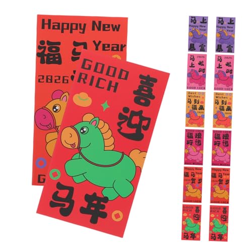 OFFSCH 60 Stück Rote Umschläge Pferdejahr Motiv Traditionelle Hongbao aus Beschichtetem Papier für Frühlingsfest Neujahr Familienfeiern und Geschäftliche Anlässe von OFFSCH