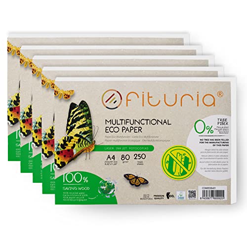 80gr A4 Recyclingpapier, 250 Blatt 100% aus Recyclingpapier, Recyclingpapier Packung mit DIN A4 Blättern, natürliche Farbe geeignet für Laser- und Tintenstrahldrucker - Ofituria (5 Packung) von OFITURIA