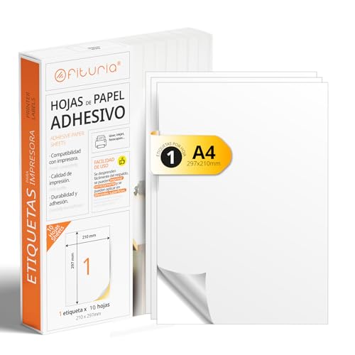 A4-Bögen mit weißen selbstklebenden Etiketten, Erstellen Sie Ihre eigenen individuellen, Sicherer selbstklebender A4-Papier, Selbstklebendes Etikett zum Bedrucken - Ofituria (1 pro Blatt, 10 Bögen) von OFITURIA