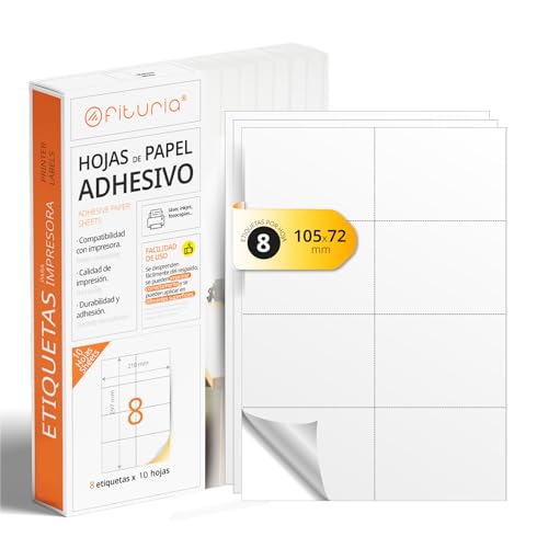 A4-Bögen mit weißen selbstklebenden Etiketten, Erstellen Sie Ihre eigenen individuellen, Sicherer selbstklebender A4-Papier, Selbstklebendes Etikett zum Bedrucken - Ofituria (8 pro Blatt, 10 Bögen) von OFITURIA