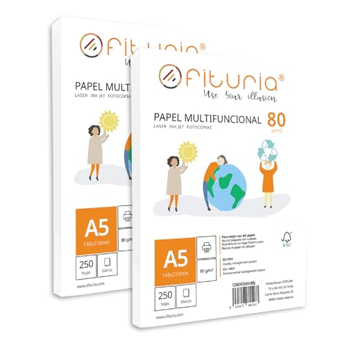 A5-Blätter, A5-Papierpaket, Multifunktionales Papier für Schul- und Arbeitsumgebungen. A5-Blätter zum Notieren und für Studienkarten, Ideal für den Druck - Ofituria (500 Blätter) von OFITURIA