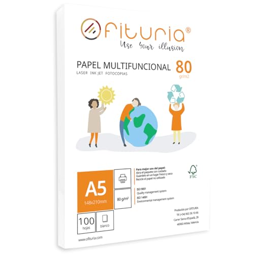 Packung mit 80 g A5-Blättern, 100 Blatt, weißes Multifunktionspapier für Schule und Laborals, ideal für Laserdrucker, Tintenstrahldrucker oder Kopierer - Ofituria von OFITURIA