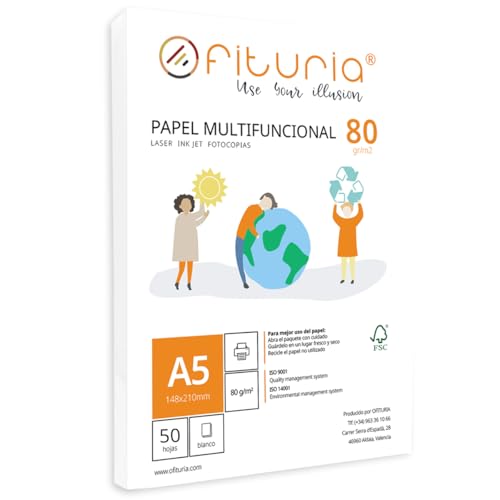 A5-Papier, 80 g, mit 50 weißen Blättern, multifunktionales Papier für Schule und Arbeitsumgebung. Ideal für Laserdrucker, Inkjetdrucker oder Kopierer. Ofituria von OFITURIA