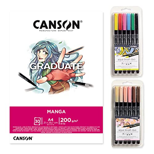 Canson Graduate Manga Block Kit 30 glatte Blätter 200 g, Lyra Aqua Brush Duo Primary Tones 6 Einheiten und Lyra Aqua Brush Duo Skin Tones 6 Einheiten, Double Ended Marker – Ofituria von OFITURIA