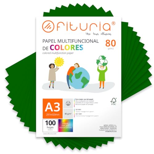 Farbpapier, Packung mit 100 Blatt A3, 80 g, buntes Papier für Bastelarbeiten, Drucker, Scrapbooking – Ideal Origami, Papyroflexia, Büro und Schule (Dunkelgrün, 100 h) von OFITURIA