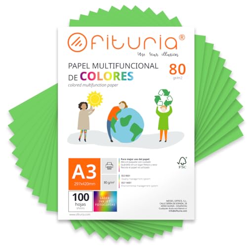 Farbpapier, Packung mit 100 Blatt A3, 80 g, buntes Papier für Bastelarbeiten, Drucker, Scrapbooking – Ideal Origami, Papyroflexia, Büro und Schule (Grün, 100 h) von OFITURIA