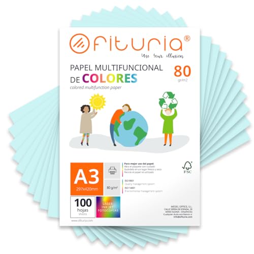 Farbpapier, Packung mit 100 Blatt A3, 80 g, buntes Papier für Bastelarbeiten, Drucker, Scrapbooking – Ideal Origami, Papyroflexia, Büro und Schule (Hellblau, 100 h) von OFITURIA
