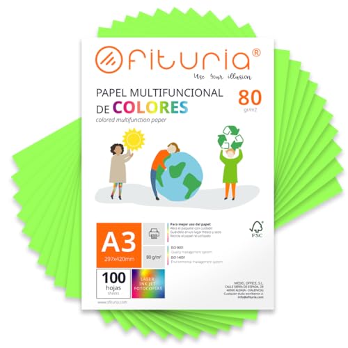 Farbpapier, Packung mit 100 Blatt A3, 80 g, buntes Papier für Bastelarbeiten, Drucker, Scrapbooking – Ideal Origami, Papyroflexia, Büro und Schule (Neongrün, 100 h) von OFITURIA