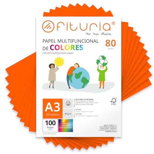 Farbpapier, Packung mit 100 Blatt A3, 80 g, buntes Papier für Bastelarbeiten, Drucker, Scrapbooking – Ideal Origami, Papyroflexia, Büro und Schule (Neonorange, 100 h) von OFITURIA