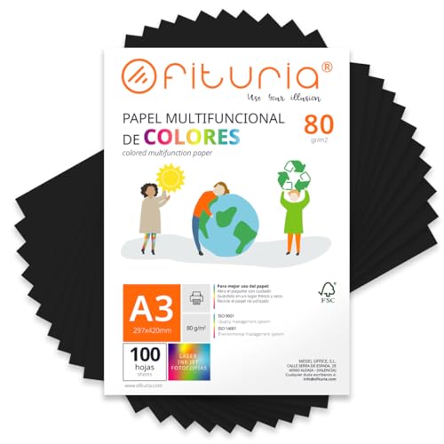 Farbpapier, Packung mit 100 Blatt A3, 80 g, buntes Papier für Bastelarbeiten, Drucker, Scrapbooking – Ideal Origami, Papyroflexia, Büro und Schule (Schwarz, 100 h) von OFITURIA