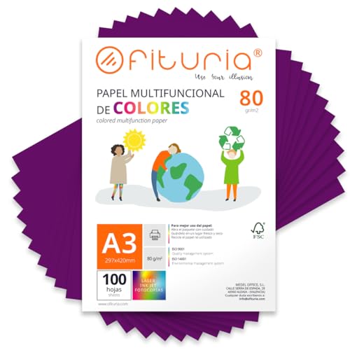 Farbpapier, Packung mit 100 Blatt A3, 80 g, buntes Papier für Bastelarbeiten, Drucker, Scrapbooking – Ideal Origami, Papyroflexia, Büro und Schule (lila, 100 h) von OFITURIA