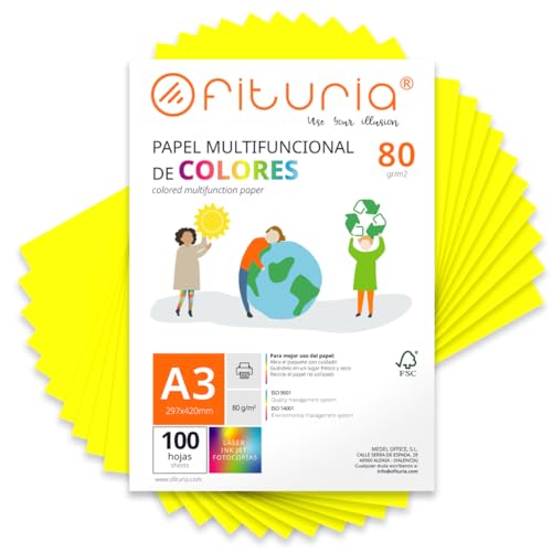 Farbpapier, Packung mit 100 Blatt A3, 80 g, buntes Papier für Bastelarbeiten, Drucker, Scrapbooking – Ideal Origami, Papyroflexia, Büro und Schule (starkes Gelb, 100 h) von OFITURIA