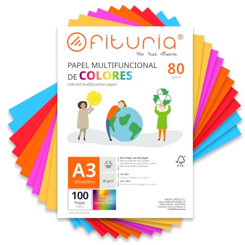 Farbpapier, Packung mit 100 Blatt A3, 80 g, buntes Papier für Bastelarbeiten, Drucker, Scrapbooking – Ideal Origami, Papyroflexia, Büro und Schule (starkes Sortiment, 100 h) von OFITURIA
