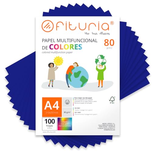 Farbpapier, Packung mit 100 Blatt A4, 80 g, buntes Papier für Bastelarbeiten, Drucker, Scrapbooking – Ideal Origami, Papyroflexia, Büro und Schule (Dunkelblau, 100 h) von OFITURIA
