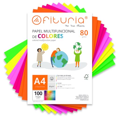 Farbpapier, Packung mit 100 Blatt A4, 80 g, buntes Papier für Bastelarbeiten, Drucker, Scrapbooking – Ideal Origami, Papyroflexia, Büro und Schule (Fluor-Sortiment, 100 h) von OFITURIA