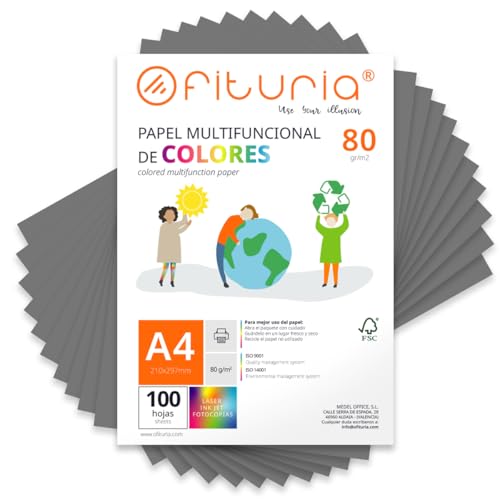 Farbpapier, Packung mit 100 Blatt A4, 80 g, buntes Papier für Bastelarbeiten, Drucker, Scrapbooking – Ideal Origami, Papyroflexia, Büro und Schule (Grau, 100 h) von OFITURIA