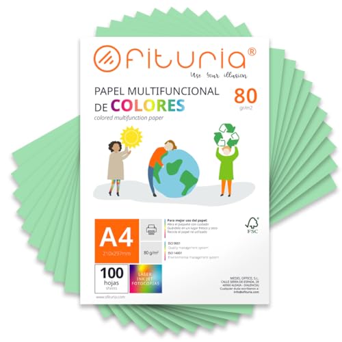 Farbpapier, Packung mit 100 Blatt A4, 80 g, buntes Papier für Bastelarbeiten, Drucker, Scrapbooking – Ideal Origami, Papyroflexia, Büro und Schule (Hellgrün, 100 h) von OFITURIA