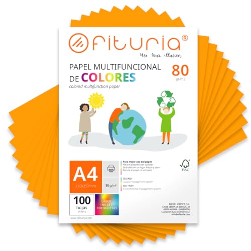 Farbpapier, Packung mit 100 Blatt A4, 80 g, buntes Papier für Bastelarbeiten, Drucker, Scrapbooking – Ideal Origami, Papyroflexia, Büro und Schule (Hellorange, 100 h) von OFITURIA