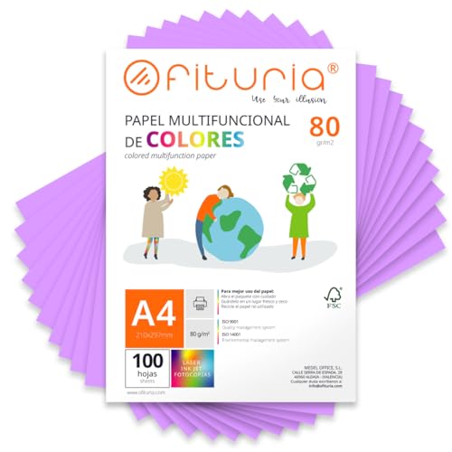Farbpapier, Packung mit 100 Blatt A4, 80 g, buntes Papier für Bastelarbeiten, Drucker, Scrapbooking – Ideal Origami, Papyroflexia, Büro und Schule (Lila, 100 h) von OFITURIA