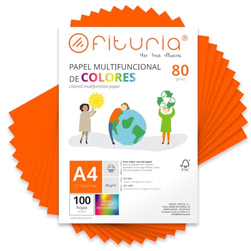 Farbpapier, Packung mit 100 Blatt A4, 80 g, buntes Papier für Bastelarbeiten, Drucker, Scrapbooking – Ideal Origami, Papyroflexia, Büro und Schule (Neonorange, 100 h) von OFITURIA